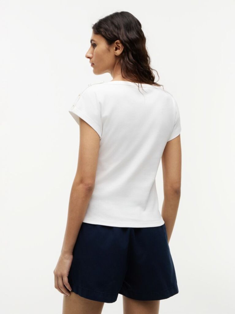 White Gold-Tone Button Boat Neck T-Shirt  Women