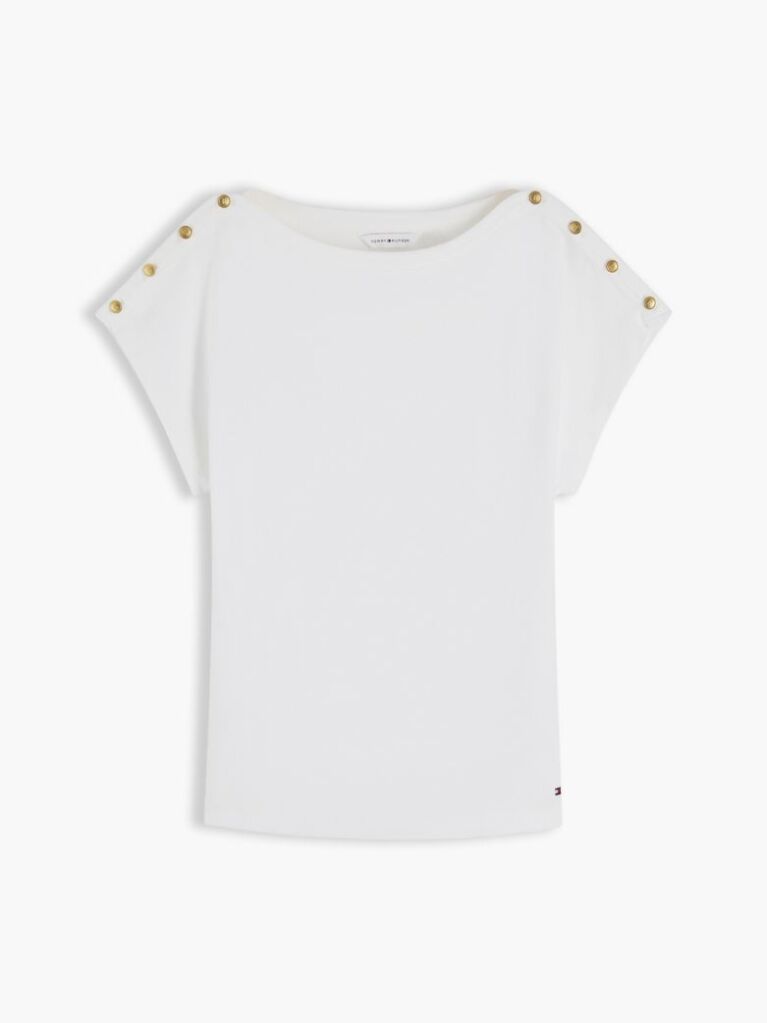 White Gold-Tone Button Boat Neck T-Shirt  Women