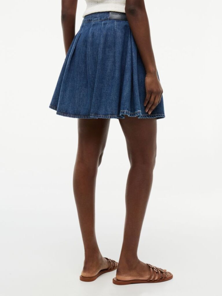 Blue Mid Rise Pleated Denim Midi Skirt  Women