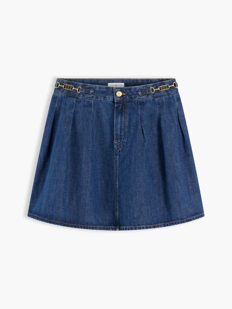 Blue Mid Rise Pleated Denim Midi Skirt  Women