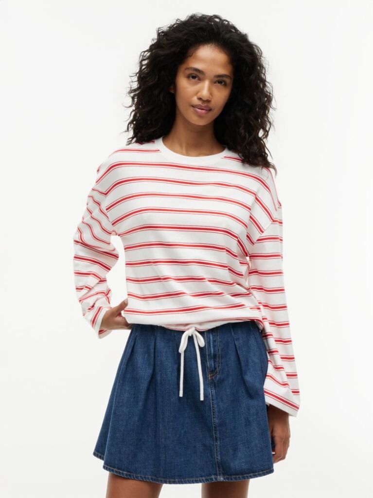 Multi Stripe Drawstring Hem Long Sleeve T-Shirt  Women