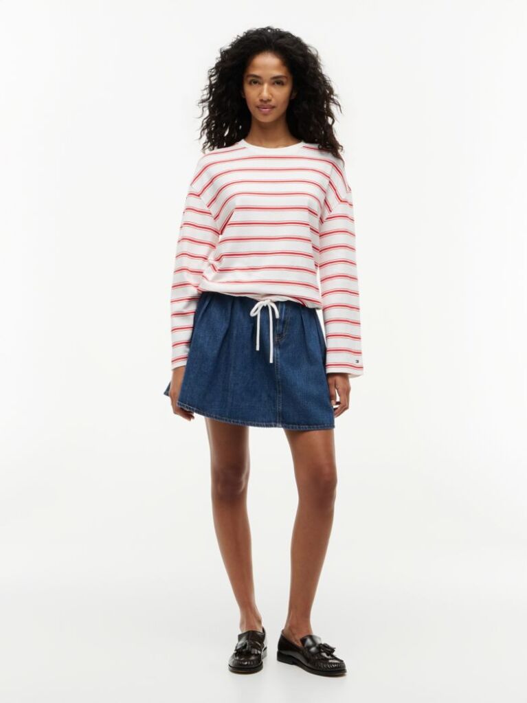 Multi Stripe Drawstring Hem Long Sleeve T-Shirt  Women