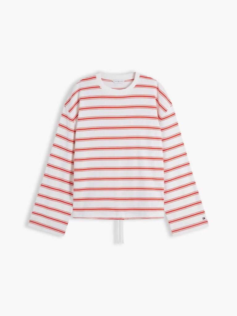 Multi Stripe Drawstring Hem Long Sleeve T-Shirt  Women
