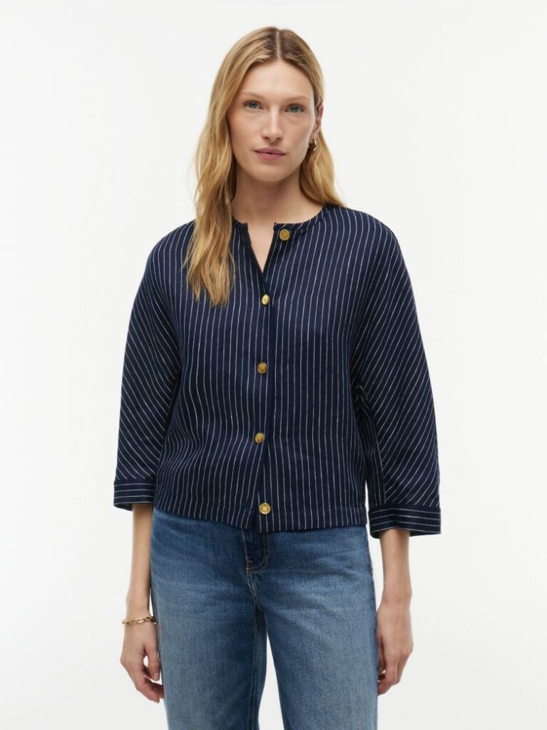Multi Relaxed Gold-Tone Button Pinstripe Blouse  Women