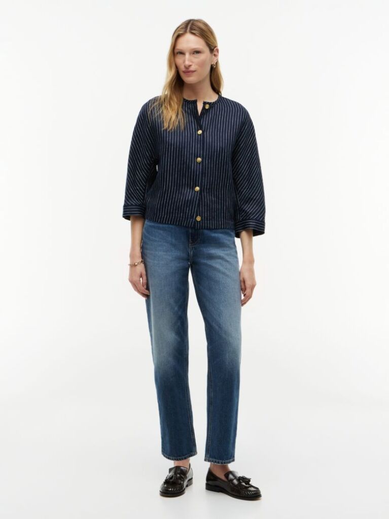 Multi Relaxed Gold-Tone Button Pinstripe Blouse  Women