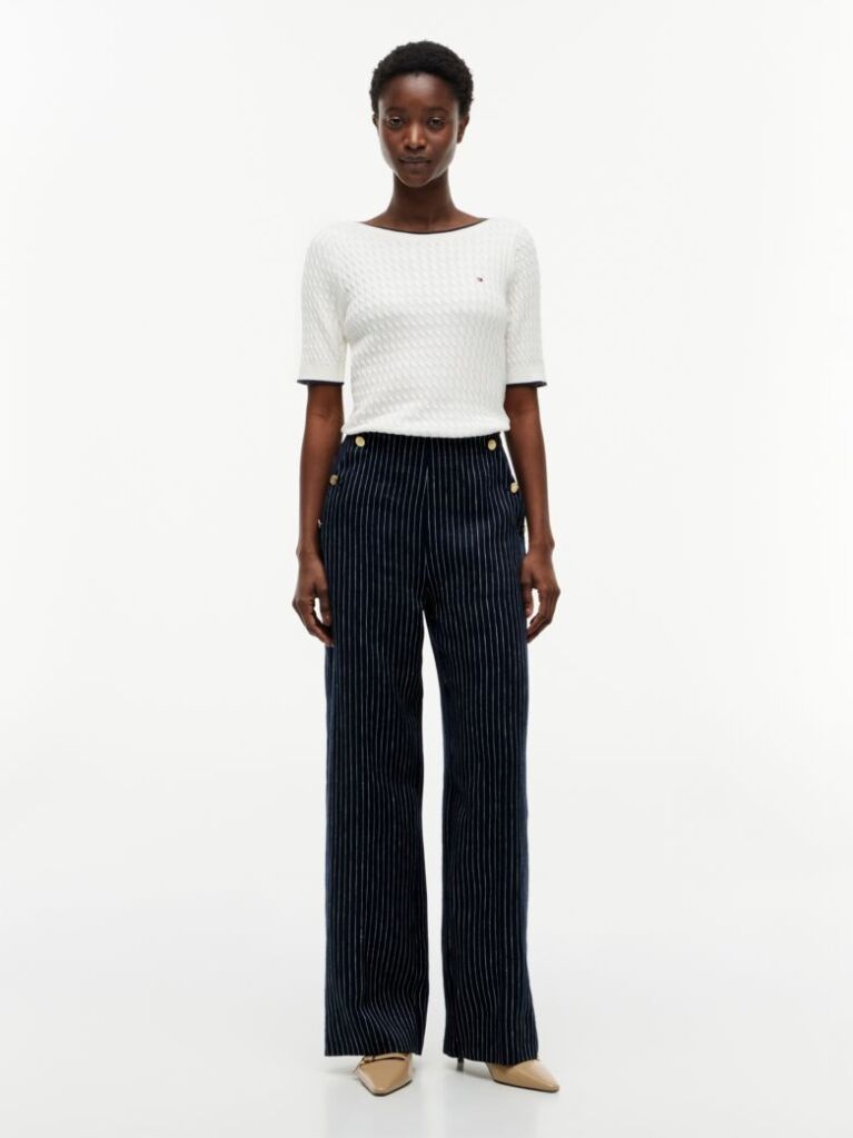 Multi Pinstripe Gold-Tone Button Wide Leg Trousers With Linen  Women