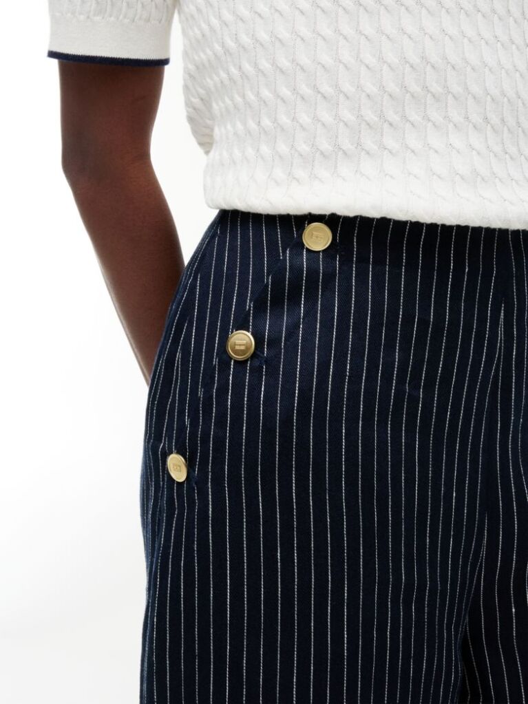 Multi Pinstripe Gold-Tone Button Wide Leg Trousers With Linen  Women