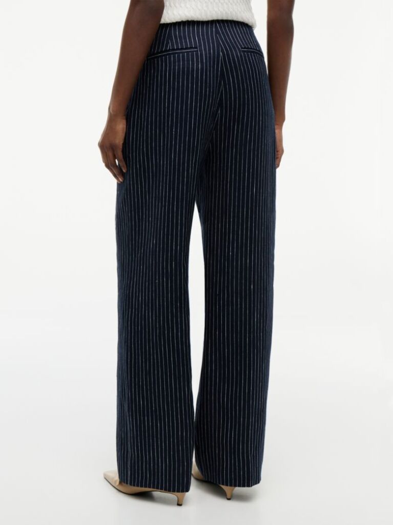 Multi Pinstripe Gold-Tone Button Wide Leg Trousers With Linen  Women