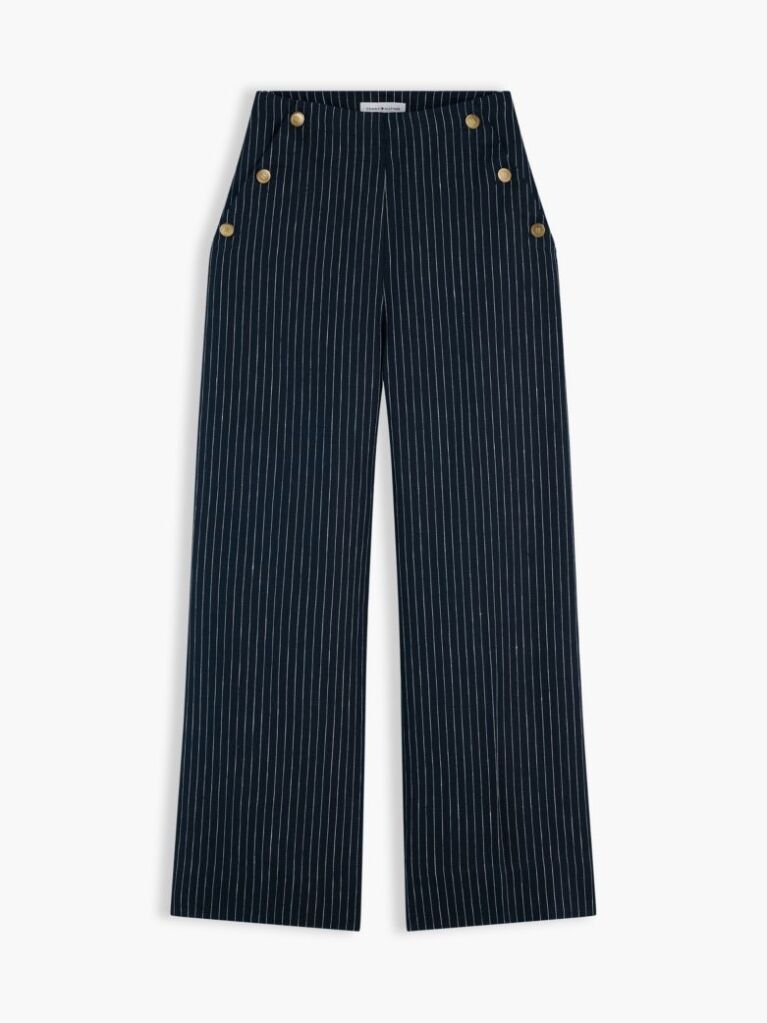 Multi Pinstripe Gold-Tone Button Wide Leg Trousers With Linen  Women