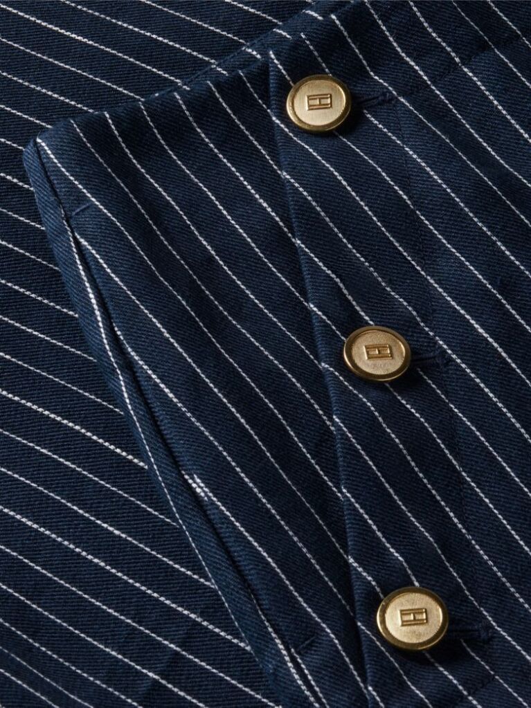 Multi Pinstripe Gold-Tone Button Wide Leg Trousers With Linen  Women