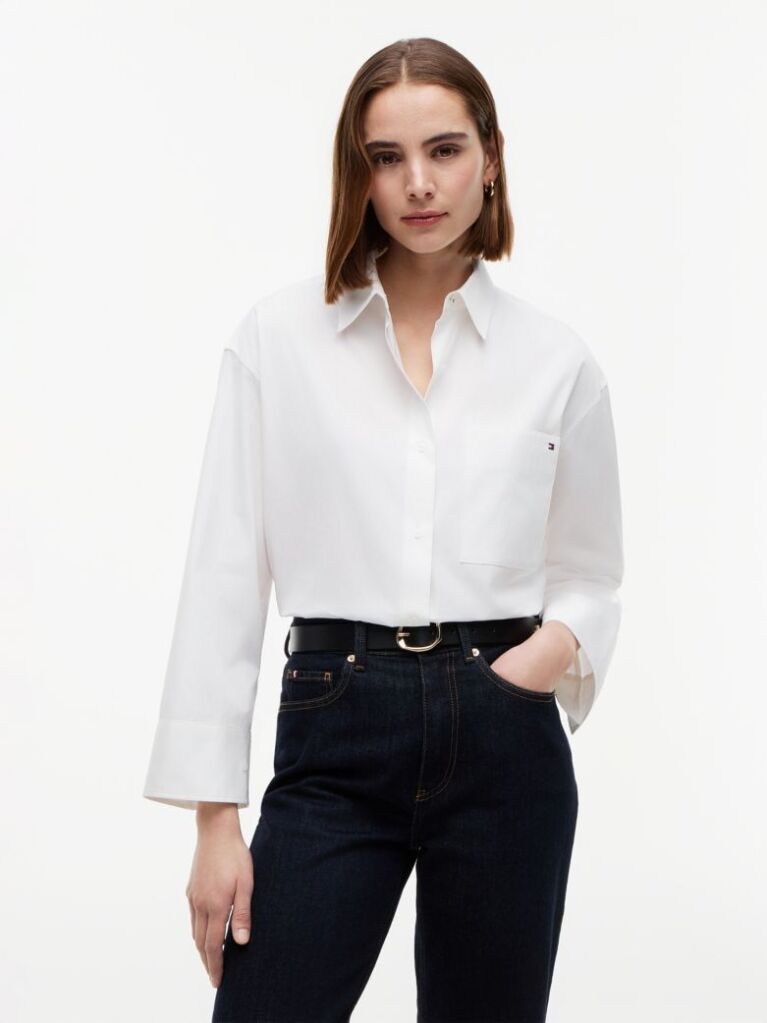 White Oversized Fit Flag Embroidery Poplin Shirt  Women