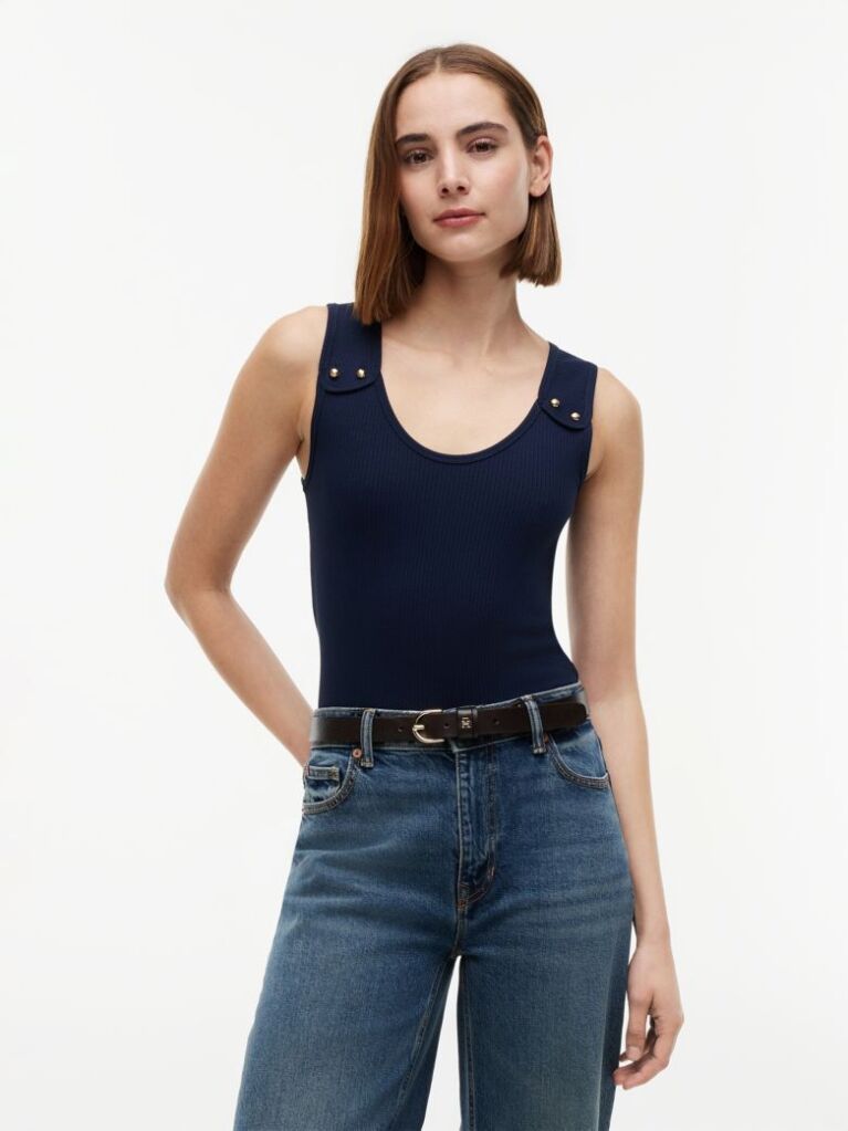 Blue Gold-Tone Button Ribbed Tank Top  Women