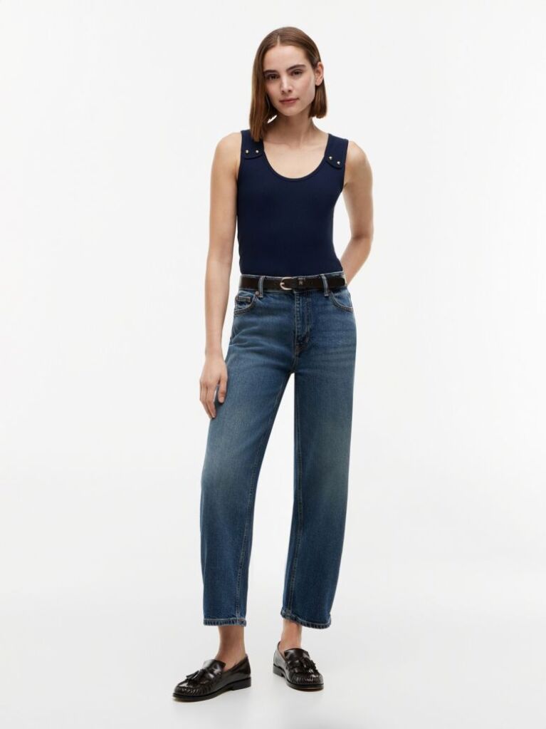 Blue Gold-Tone Button Ribbed Tank Top  Women