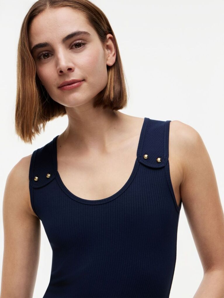 Blue Gold-Tone Button Ribbed Tank Top  Women