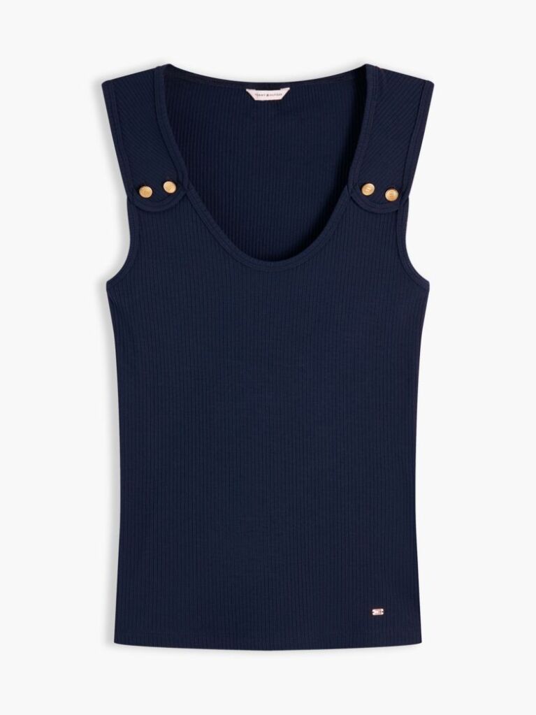 Blue Gold-Tone Button Ribbed Tank Top  Women