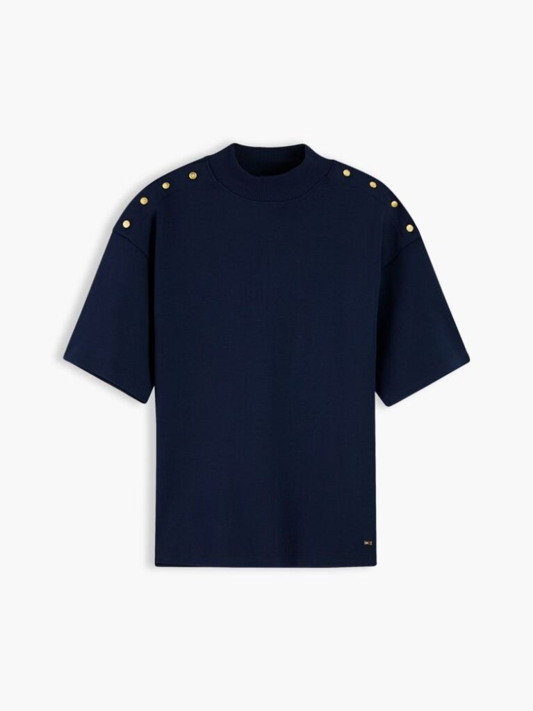 Blue Gold-Tone Button Mock Neck T-Shirt  Women