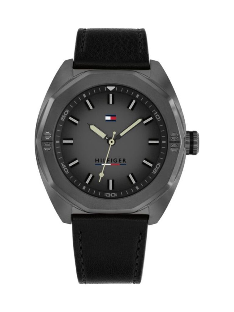 Grey Grey Dial Black Leather Strap Watch  Men