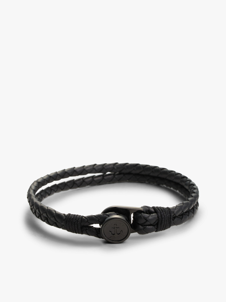 Black Ionic-Plated Nautical Charm Black Leather Bracelet  Men