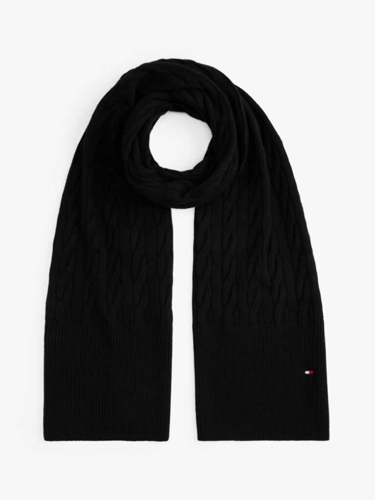 Black Hilfiger Flag Cable Knit Wool Blend Scarf  Men