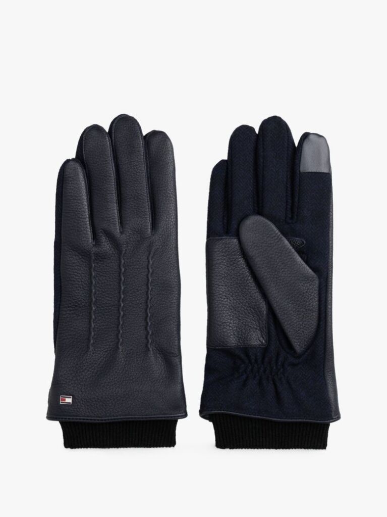 Blue Touchscreen Herringbone Leather Gloves  Men