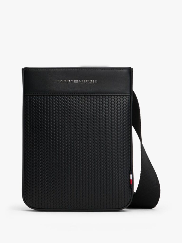 Black Metal Logo Woven Crossbody Bag  Men