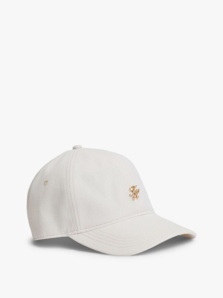 Beige Stripe Seersucker Logo Plaque Baseball Cap  Women