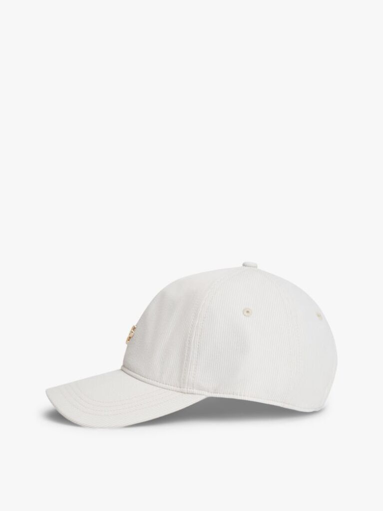 Beige Stripe Seersucker Logo Plaque Baseball Cap  Women