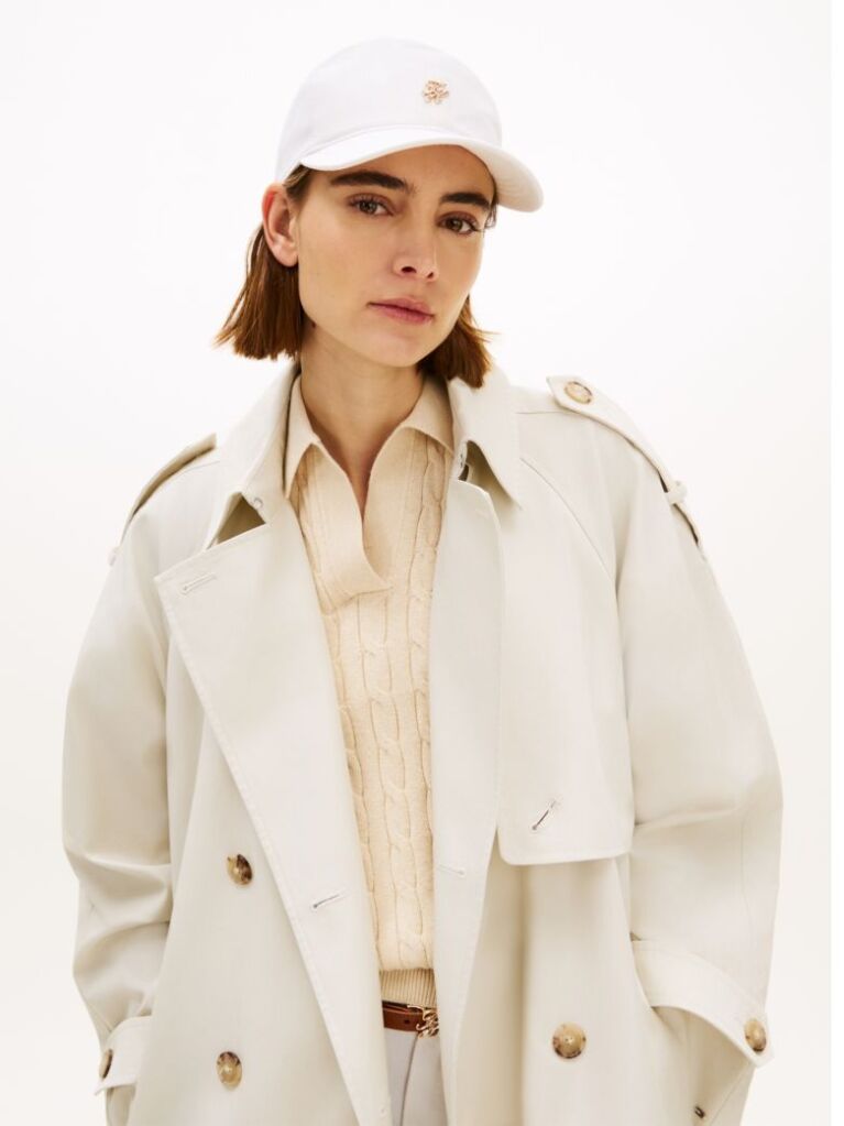 Beige Stripe Seersucker Logo Plaque Baseball Cap  Women