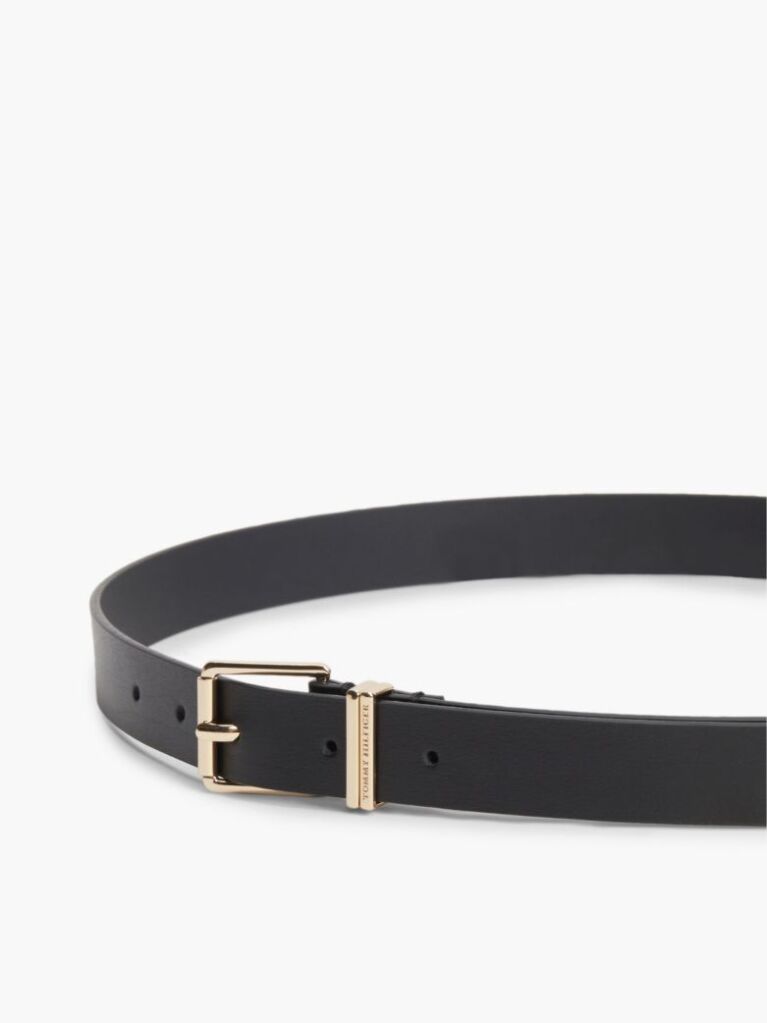 Black Square Buckle Logo Keeper Leather Belt  Women