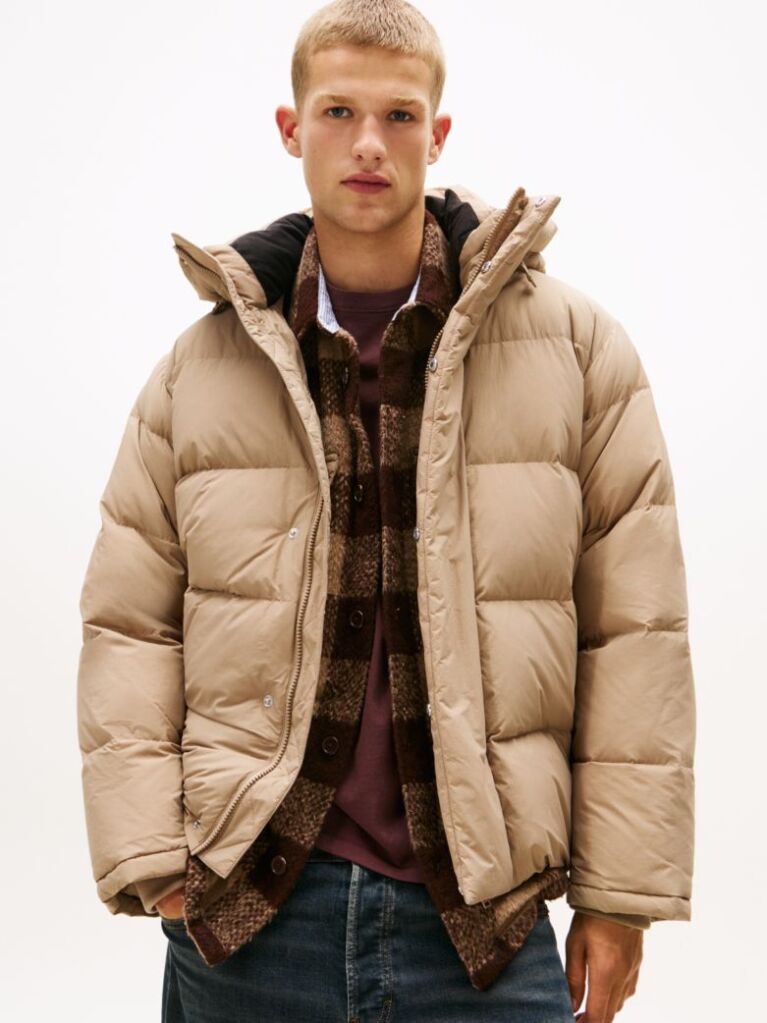Beige Hooded Down Puffer Jacket  Men