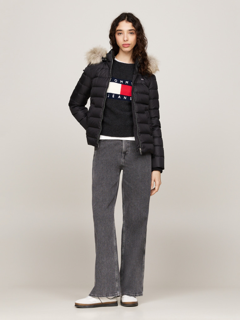 Black Faux Faur Hooded Down-Filled Fitted Jacket  Women