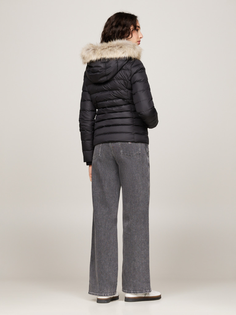Black Faux Faur Hooded Down-Filled Fitted Jacket  Women