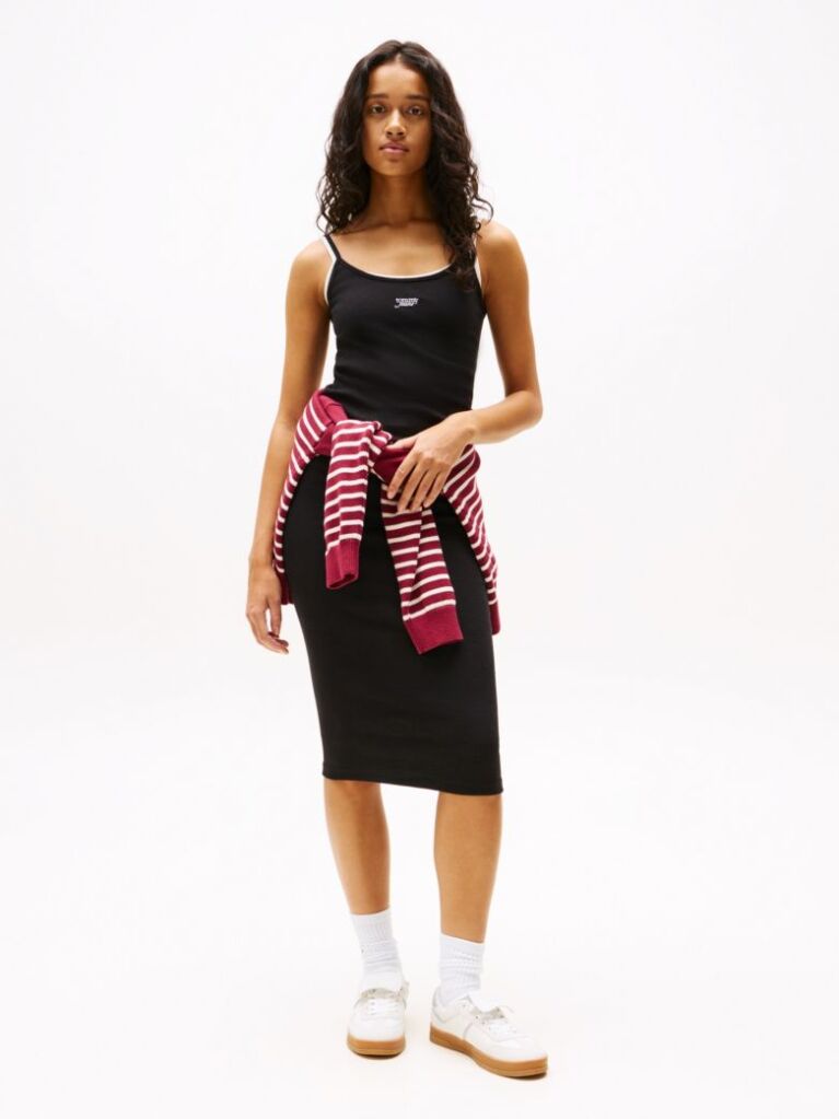 Black Ribbed Spaghetti Strap Bodycon Midi Dress  Women