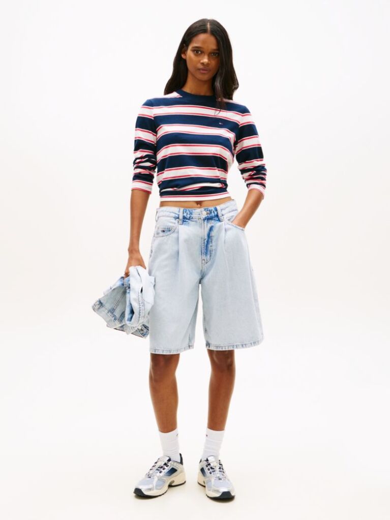 Denim Faded Pleated Loose Denim Bermuda Shorts  Women