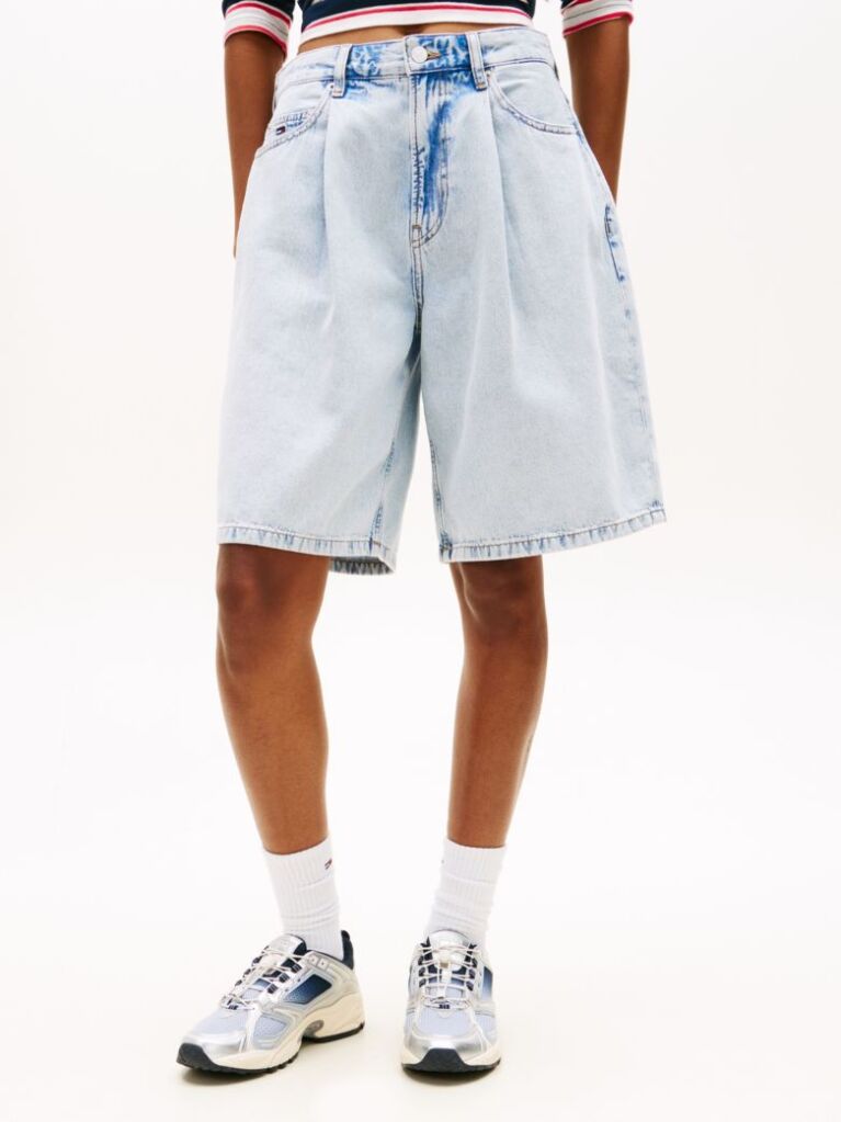 Denim Faded Pleated Loose Denim Bermuda Shorts  Women