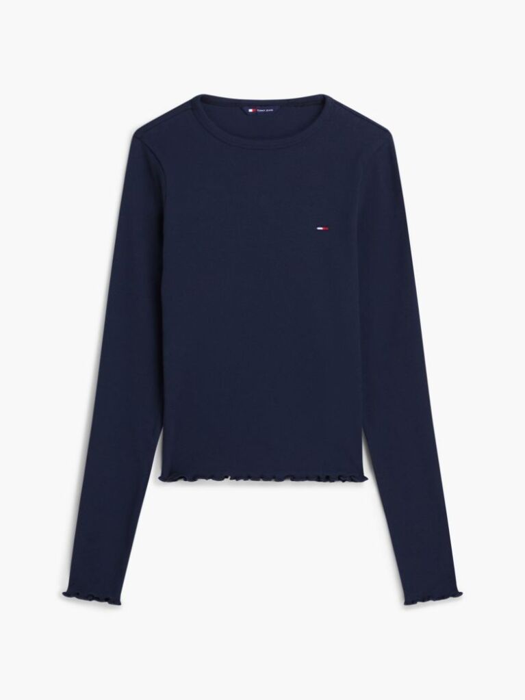 Blue Ribbed Ruffle Slim Long Sleeve T-Shirt  Women
