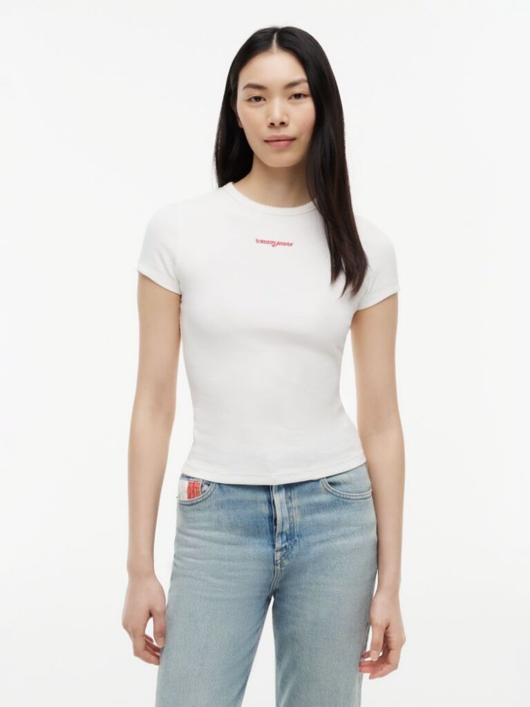Άσπρο T-Shirt Ribbed Με Λογότυπο Σε Στενή Γραμμή  Γυναίκες
