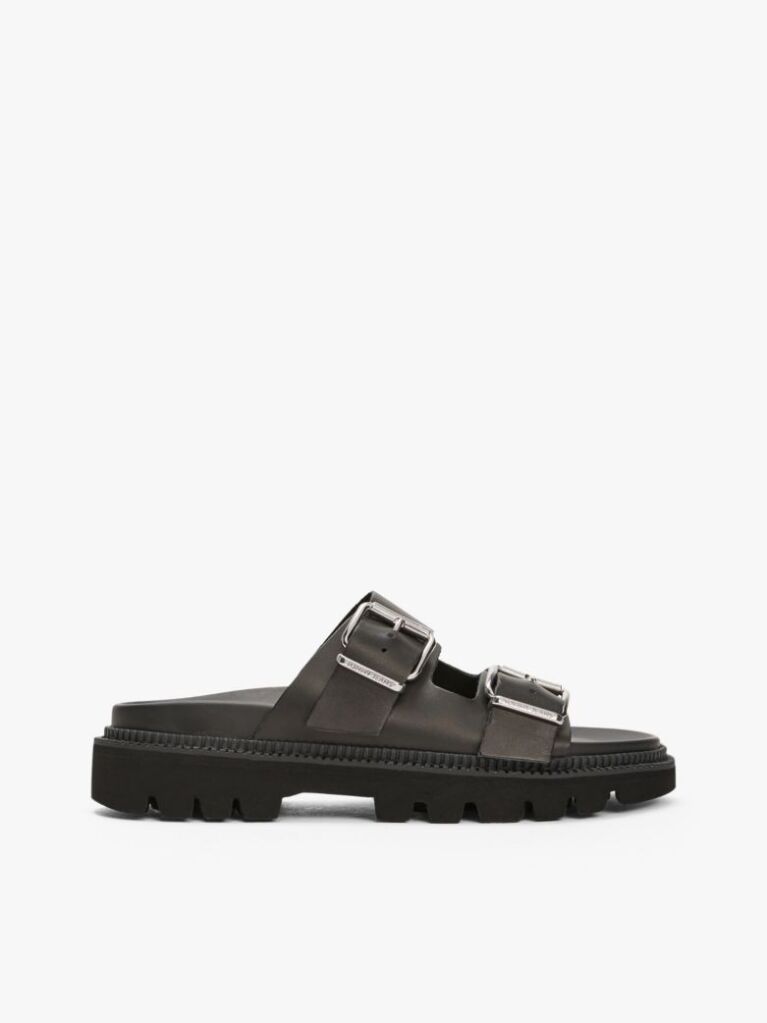 Black Leather Double Strap Cleat Sandals  Women