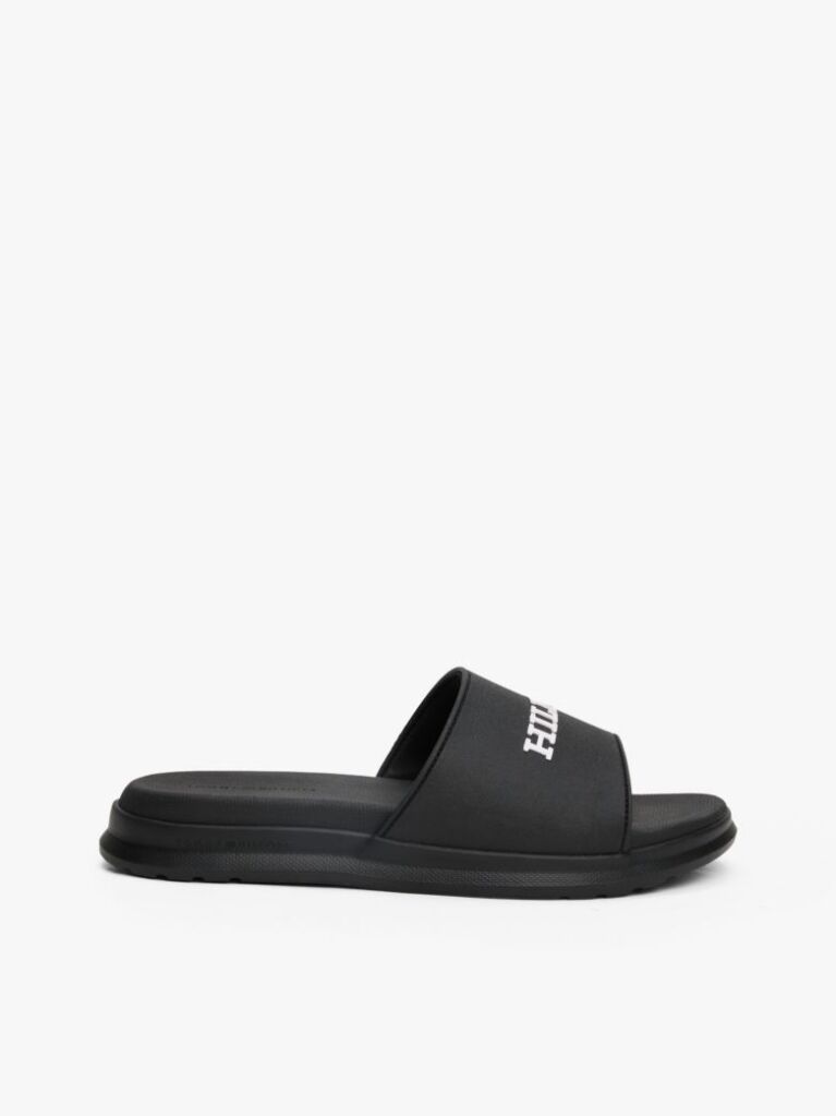 Black Textured Logo Pool Slides  Men