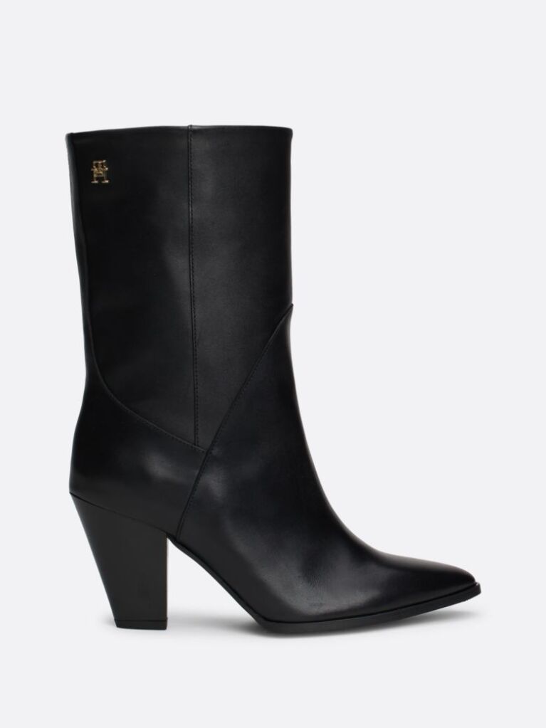 Black Leather Cuban Heel Mid Boots  Women