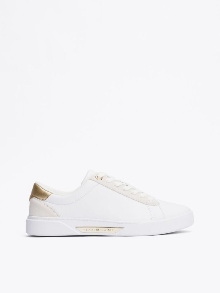 White Metallic Leather Court Trainers  Women