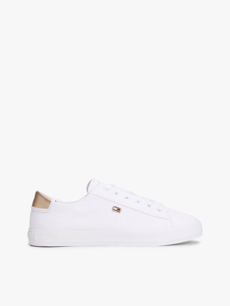 White Canvas Metallic Heel Trainers  Women