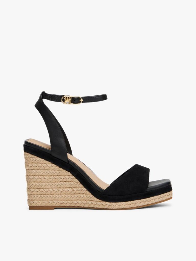 Black TH Monogram Leather Wedge Sandals  Women