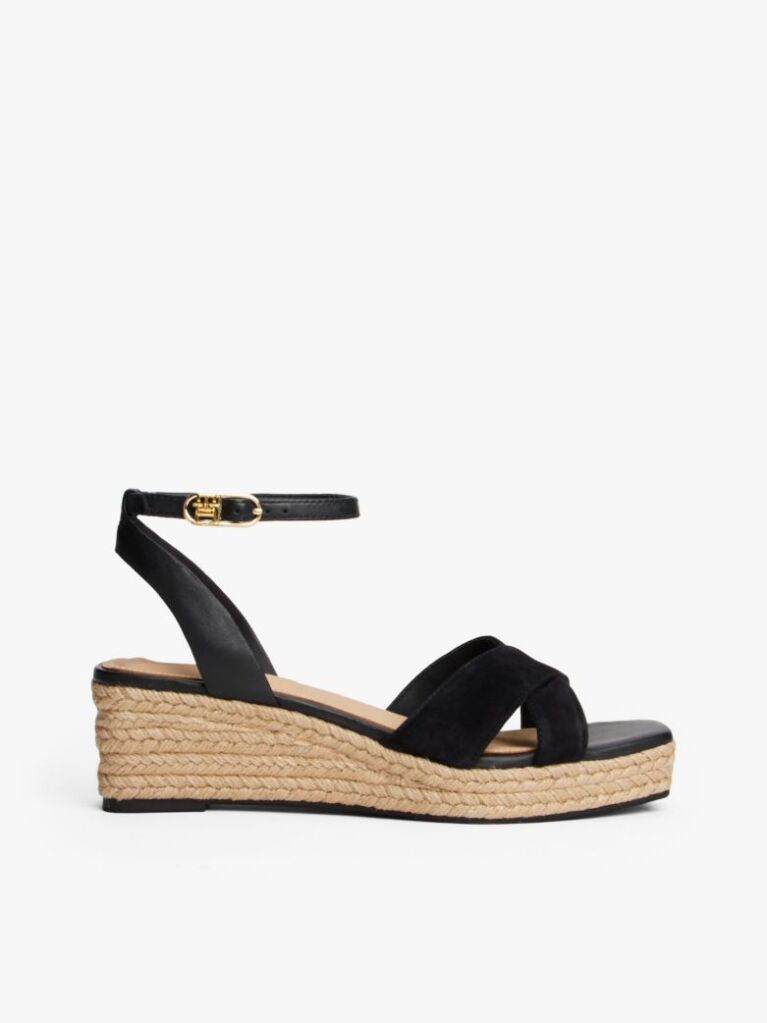 Black TH Monogram Leather Wedge Espadrilles  Women