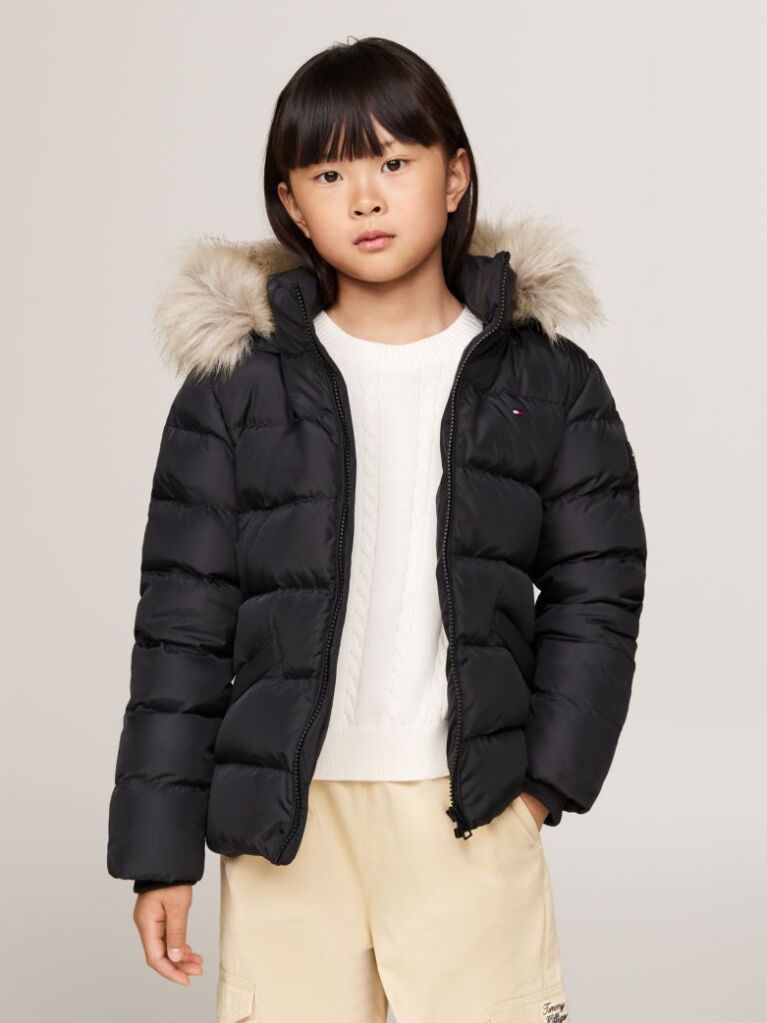 Black Essential Faux Fur Down Hooded Jacket  Girls