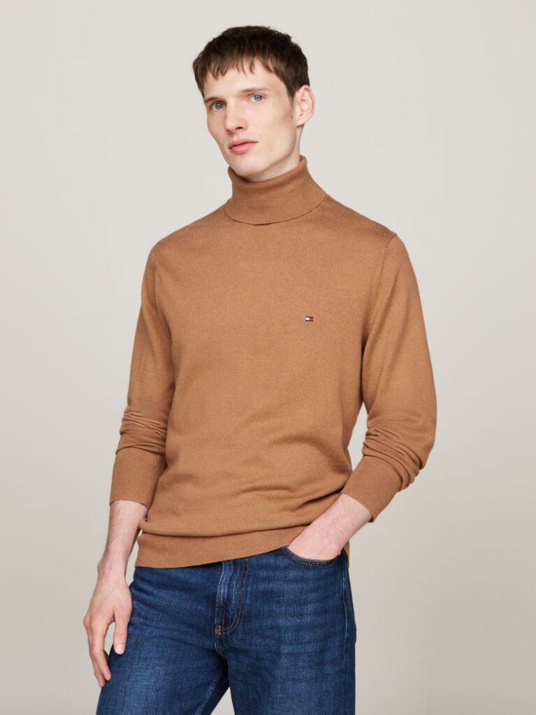 Brown Cotton Cashmere Roll Neck Jumper  Men