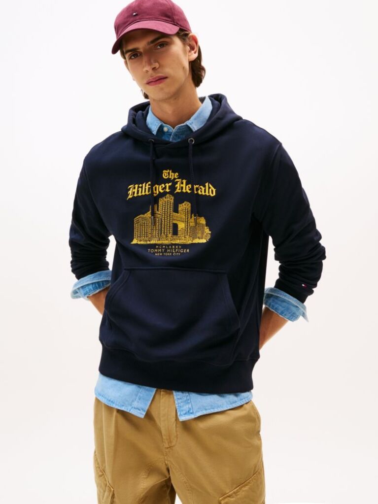 Blue Logo Embroidery Relaxed Drawstring Hoody  Men