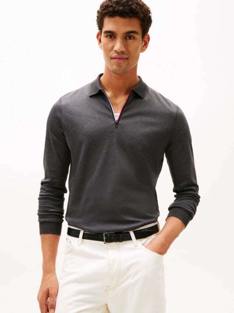 Grey Interlock Zip Long Sleeve Polo Shirt  Men