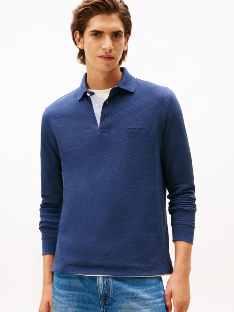 Blue Long-Sleeve Tonal Monotype Regular Polo  Men