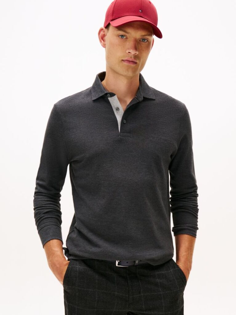 Grey Long-Sleeve Tonal Monotype Regular Polo  Men